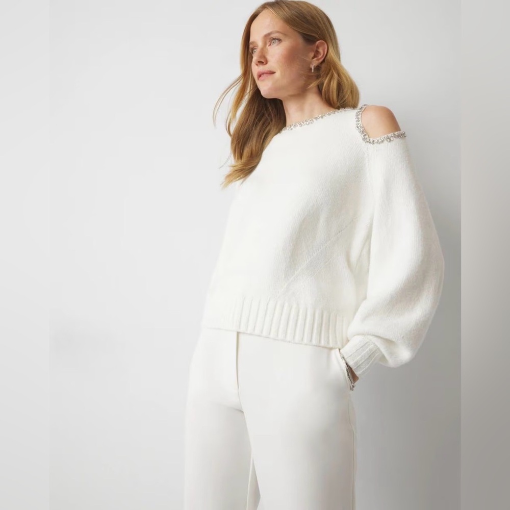 White House Black Market White Sweater with Silver Embellishments